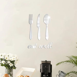 Mirror acrylic kitchen wall decals set featuring cutlery shapes and eat well lettering