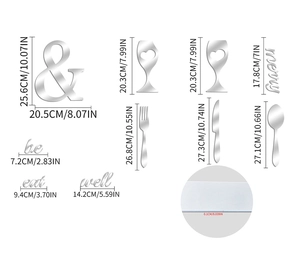 Detail view of mirror acrylic wall stickers set with cutlery icons and art text