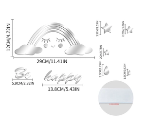 Detailed dimension guide for 1mm thick acrylic mirror cloud and stars wall stickers set