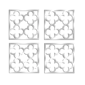 Detailed macro view of four silver acrylic mirror wall stickers with clover hollow pattern