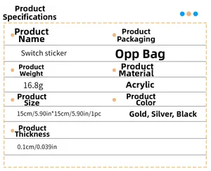 Detailed spec chart for 15x15cm acrylic mirror switch stickers in gold, silver, and black