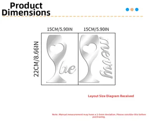 Size chart showing dimensions for acrylic heart wine glass wall stickers at 22x15 cm
