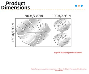 Size chart for mirror leaf wall stickers showing 20cm by 15cm dimensions and layout scale