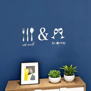 Modern mirror acrylic wall stickers featuring cutlery icons and eat well be merry text