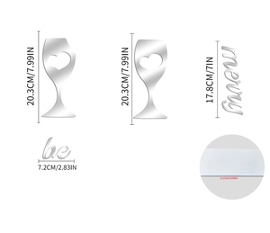 Detailed dimensions of 1mm acrylic mirror heart wine glass stickers for wall decoration
