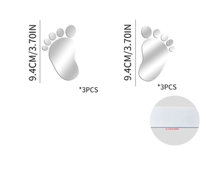 Detailed dimension guide for baby footprint mirror wall stickers in silver acrylic
