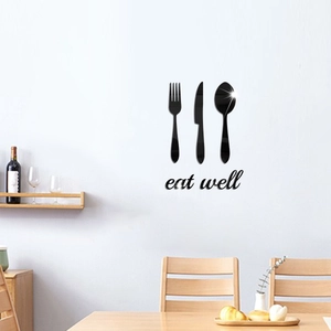 Detail showing 3D acrylic mirror wall stickers with cutlery set and eat well text
