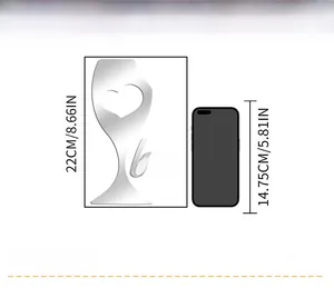 Detailed size comparison of 22cm heart wine glass acrylic mirror wall sticker next to a phone