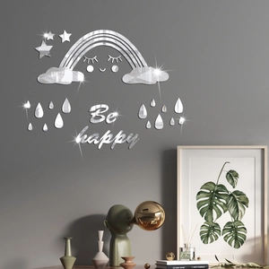 Detailed view of mirrored cloud and rainbow acrylic wall stickers with 'Be happy' text