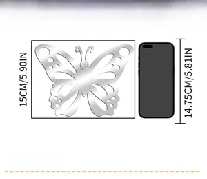 Detailed comparison of 3D hollow butterfly wall sticker showing 15cm size next to a phone
