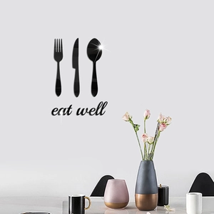Black acrylic 3D mirror wall stickers with 'Eat Well' quote and cutlery for kitchen decor