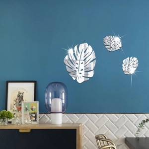 3-piece set of silver acrylic monstera leaf mirror wall stickers for home decoration