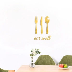 Golden acrylic mirror wall stickers with fork, knife, spoon shapes and eat well text