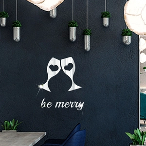 Detailed mirror acrylic wall sticker featuring champagne glasses and be merry text