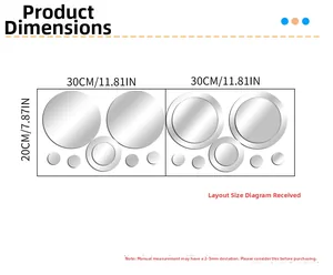 Size chart for 3D acrylic mirror circle wall decals with dimensions 20x30cm layout