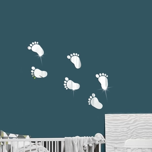 Set of 6 silver mirror acrylic baby footprint wall stickers for nursery room decor