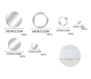 Size chart showing various circular acrylic mirror wall stickers with dimensions and counts