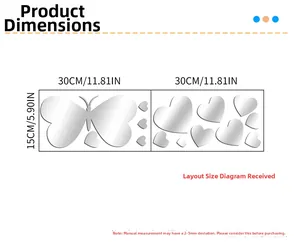 Size chart for 3D acrylic mirror wall stickers showing butterfly and heart dimensions
