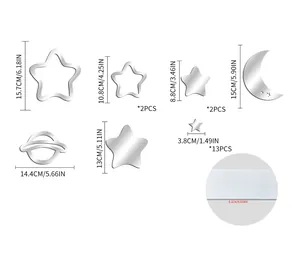 Detailed size chart for moon and stars acrylic mirror wall stickers with dimensions