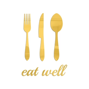 Close-up of golden acrylic mirror wall art featuring spoon, fork, knife and eat well text