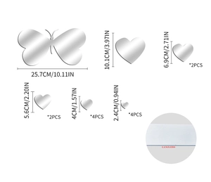 Detailed dimension sheet of 1mm acrylic butterfly and heart mirror wall stickers