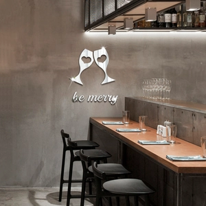 Detailed mirror acrylic wall sticker featuring silver champagne glasses and be merry text
