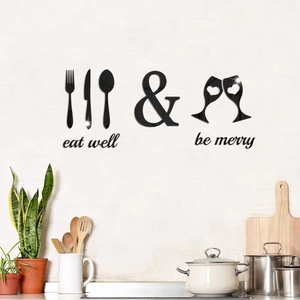 Kitchen wall decor featuring 3D mirror acrylic cutlery icons and eat well be merry quotes