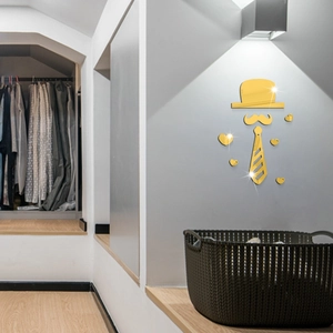 Goldene Spiegel Acryl Wandaufkleber Set mit Hut Schnurrbart Krawatte und Herzen für Deko