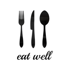 3D black acrylic mirror wall stickers featuring cutlery set and Eat Well art text for kitchen