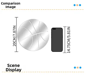Detailed size comparison of 20cm basketball mirror wall sticker next to a smartphone