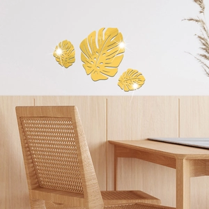 Golden monstera leaf mirror wall stickers in 3 pieces set for home decoration