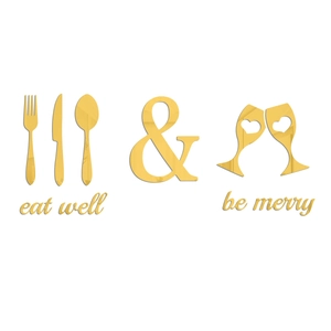 Golden acrylic mirror wall art featuring cutlery, wine glasses and Eat Well Be Merry text