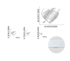 Detailed size chart for silver mirror heart wall stickers with thickness measurement