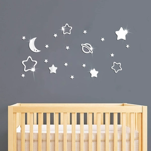 Silver mirror acrylic star and moon wall stickers set for nursery room wall decoration