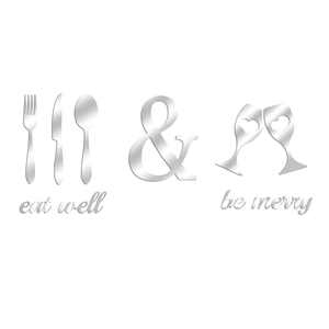 Mirror silver acrylic wall stickers featuring cutlery icons and eat well be merry text