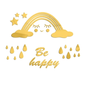 Close-up of golden acrylic rainbow wall sticker with stars and Be Happy lettering