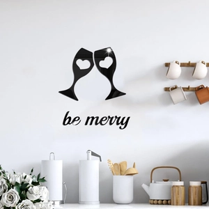 Detailed view of black acrylic mirror wall sticker with be merry text and wine glasses