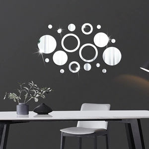 Detailed view of silver 3D acrylic mirror wall stickers with circles for home decor