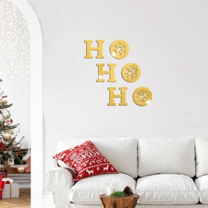 Golden mirror HO HO HO wall stickers with snowflake hollow design for Christmas decor