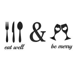 Black acrylic 3D wall stickers with cutlery, wine glasses and 'eat well be merry' text