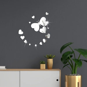 Modern silver mirror wall stickers with butterfly and heart shapes for bedroom decor