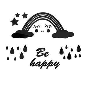 Black acrylic rainbow wall decal set with cloud stars and Be Happy mirror finish