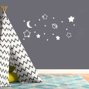 Star and moon mirror acrylic wall stickers for nursery decor in silver finish