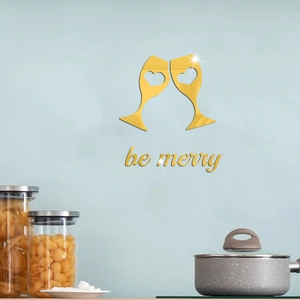 Golden acrylic mirror wall stickers with wine glasses and Be Merry text for home decoration