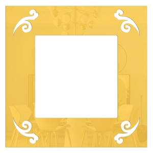 Macro detail of yellow acrylic mirror frame sticker with elegant white floral corners