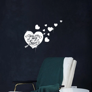 Detail of mirror acrylic heart wall sticker with You are my Sun text engraving
