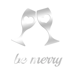 Close-up of silver mirror acrylic wine glass wall decal with be merry engraved text