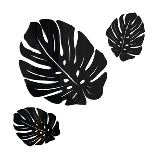 3-piece set of black acrylic monstera leaf mirror wall stickers with reflective finish