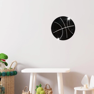 Detailed close-up of a black acrylic basketball mirror wall sticker in a kids' room decor
