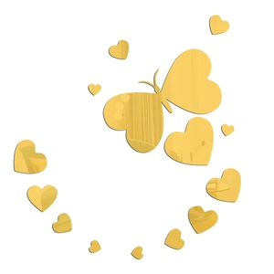 Detail of 14-piece golden mirror acrylic butterfly and heart wall stickers for room decor